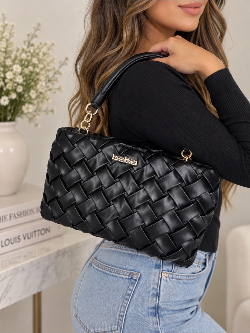 bebe Black Woven Satin Shoulder Bag women’s